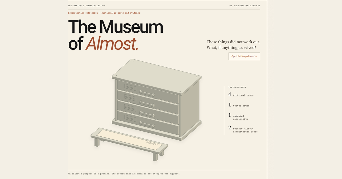 A detailed four-drawer specimen cabinet and shallow inspection bench, labelled as a fictional demonstration collection: four cases, one tested reuse, one untested possibility and two records without demonstrated reuse