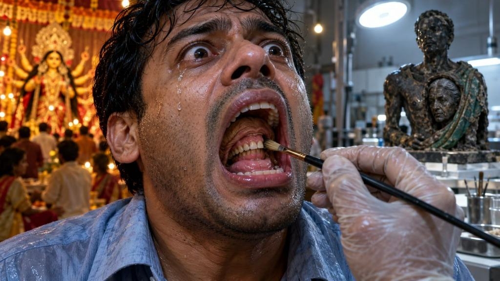 A sweating, tearful man in a light-blue shirt opens his mouth wide in terror to reveal a second set of gums and a pink upper denture behind his tongue, while a hand in a transparent glove reaches from a bright conservation laboratory on the right to clean the inner teeth with a fine brush, bridging a warmly lit Calcutta Durga Puja pandal on the left and a dark mineralised bust of a man with an older woman fused into his chest on the right.