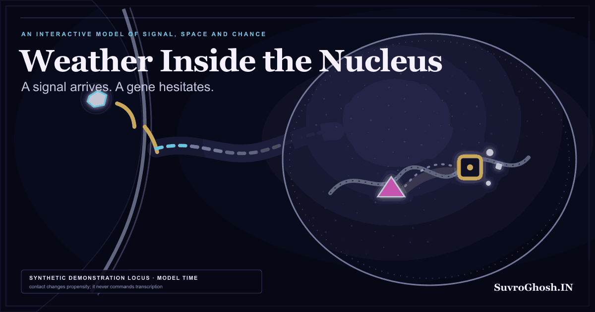 A translucent blue-violet nucleus containing folded chromatin, with a magenta enhancer near an amber promoter while sparse cyan signaling activity and small RNA lights cross the dark scene