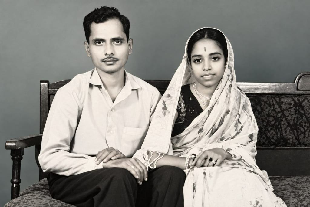 The author's mother as a young bride in a veiled sari alongside her husband on a settee in Calcutta