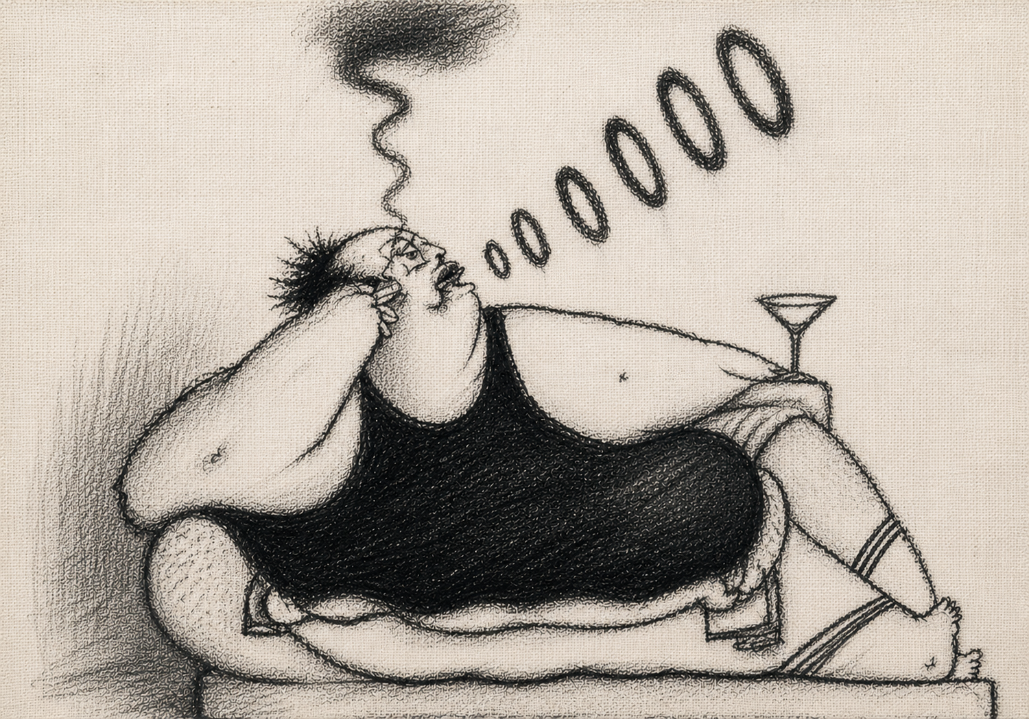 A corpulent man lounges on the floor, blowing smoke rings beside a cocktail.