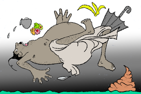 A stout figure falls backward as footwear, an umbrella, fruit, and other objects scatter overhead.