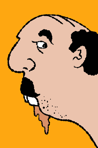 A bald man with a dark goatee is shown in side profile against an orange background.