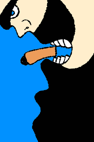 A close-up black-bearded face extends an orange tongue over a blue background.