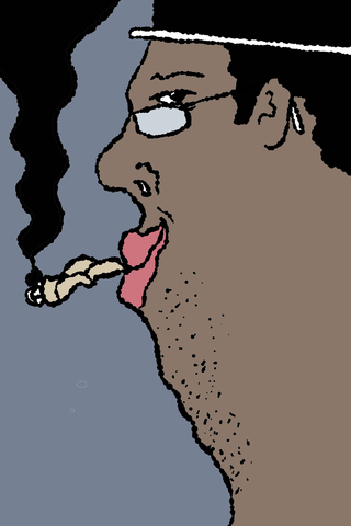 A side profile in a cap and glasses extends a pink tongue toward a small tan object.