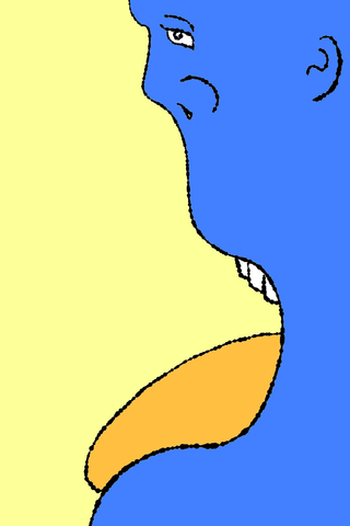 A blue side profile has a greatly enlarged pale-yellow lower lip with an orange inner section.