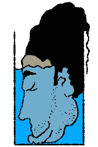 A blue side-facing head has a towering mass of black hair within a narrow frame.
