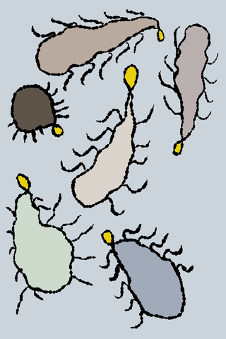 Irregular coloured shapes sprout branching black lines and small yellow droplets on a grey field.