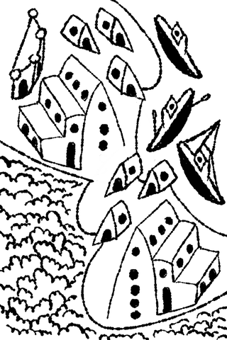 Black line drawing of clustered houses and small boat-like forms.