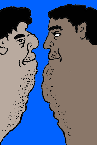 Two close side profiles face one another against a vivid blue background.