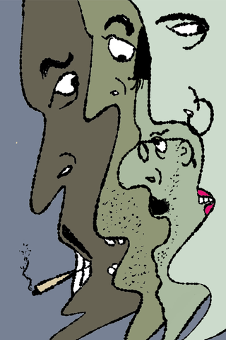 Several long overlapping faces fill a muted grey-green composition.