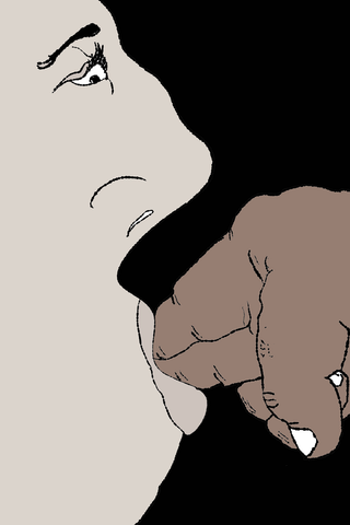 A pale close-up face looks downward toward a brown clenched fist beneath its chin.