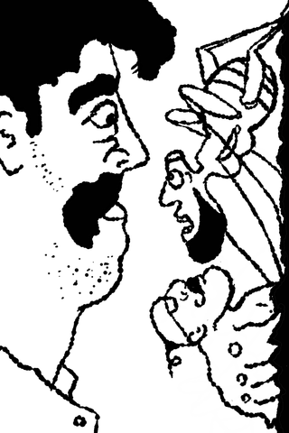 A black-and-white profile fills the foreground while another face and an angular raised hand appear behind it.