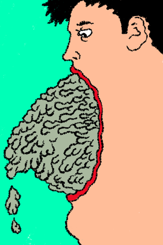 A close-up profile expels a large textured grey mass from its red-outlined mouth.
