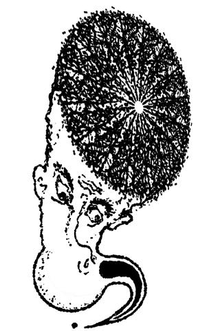 A black line face sticks out its tongue beneath a large circular radiating mass of hair.
