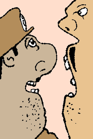 Four differently coloured heads overlap in a tight vertical arrangement.