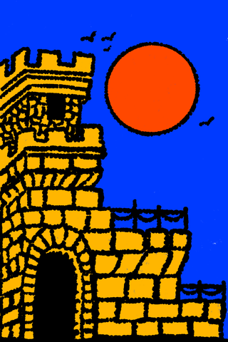 Yellow stone gateway beneath a large orange sun on blue.