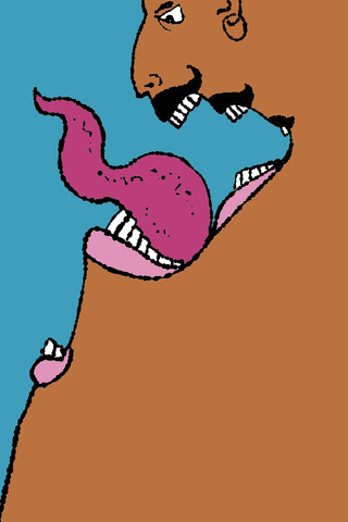 A close-up face opens its mouth around a large curling pink tongue on a turquoise ground.