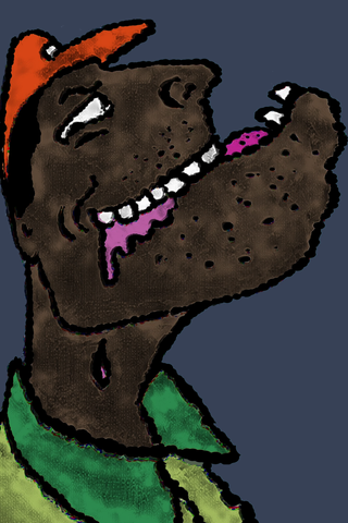 A dark-faced figure in a red cap and green shirt grins upward against a slate background.