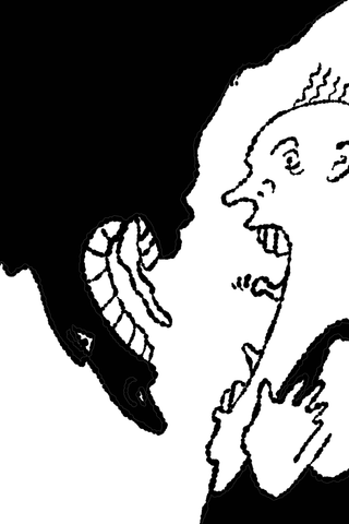 A wide-eyed monochrome figure raises both hands toward a striped form emerging from a black silhouette.