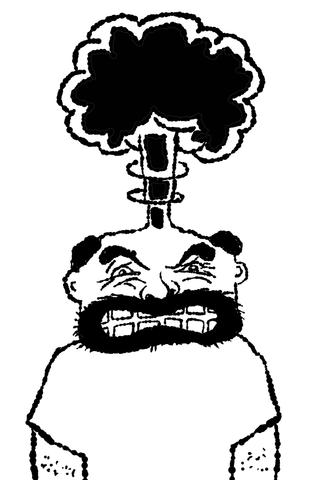 A clenched-toothed head supports a narrow stack topped by a dense black cloud shape.