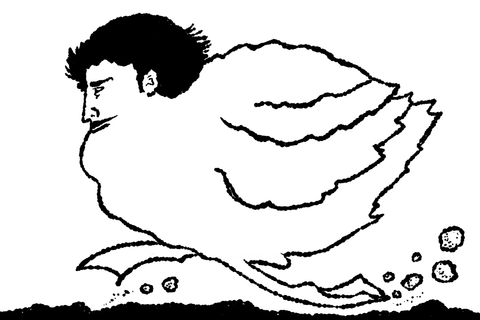A plump bird-like body with a human face leans forward over pebbled ground.