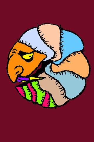Several brightly coloured face-like profiles interlock in a circular cluster on burgundy.