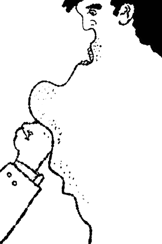 A large long-necked profile looks down toward a small bald figure held against its chest.