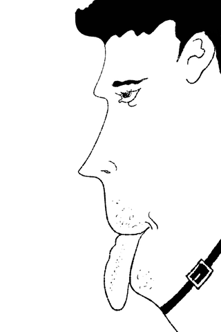 A black-and-white profile with dark hair, a long chin, and a protruding tongue faces left.