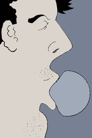 A close-up side profile blows a large round grey bubble from its mouth.