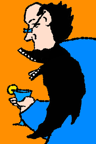 A seated black-clad man holds a small blue cup against divided orange and blue fields.