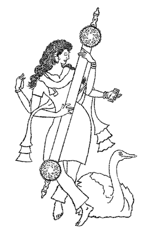 An ornate line drawing shows a multi-armed woman holding a long stringed instrument beside a swan.