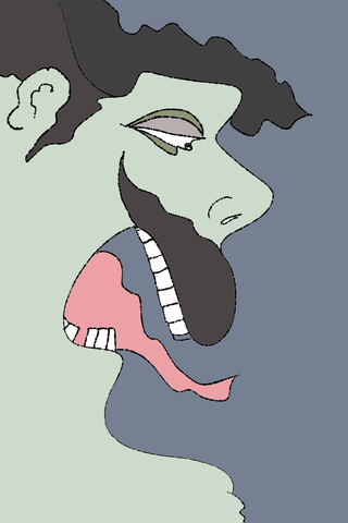 A grey-green long-nosed profile opens a pink mouth around a dark tongue.