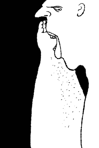 A stark black-and-white side profile opens its mouth around a long narrow tongue.