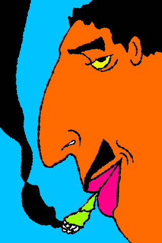 A close-up orange face with a yellow eye opens its mouth around a magenta tongue and green-tipped black shape.