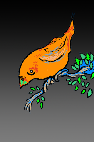 Orange fish-shaped figure above a leafy branch on a dark background.