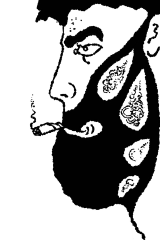 A black-and-white profile smokes a short pipe above a large beard filled with pale patterned shapes.
