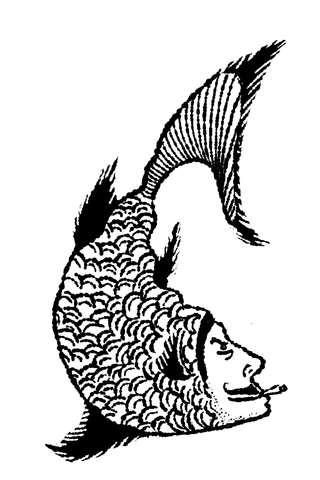 Black line drawing of a curved fish with patterned scales and fins.