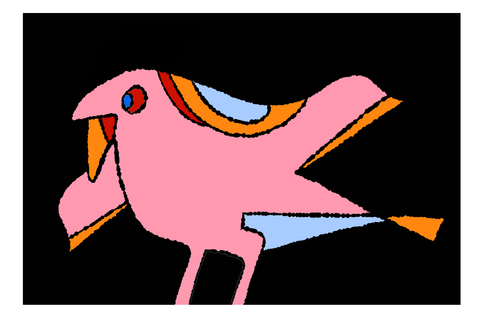 Pink bird with orange and pale blue accents on a black background.