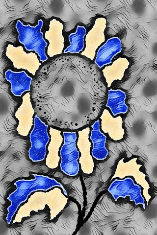 Blue-and-cream radial flower motif with a dark centre on grey.