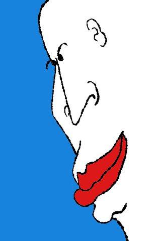 A minimalist pale profile with large red lips faces a divided blue-and-white background.