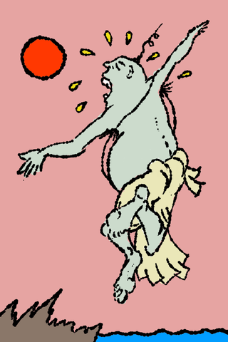 A shouting figure with outstretched arms rides a pale winged creature beneath a red sun.