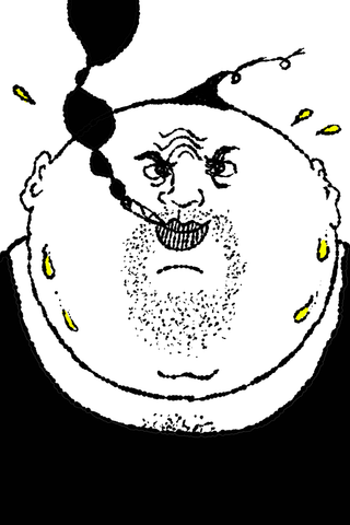 A round stubbled face sits beneath a suspended black form while small yellow drops surround it.