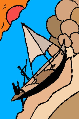 Small sailboat with tan sails beneath rounded clouds on a blue field.