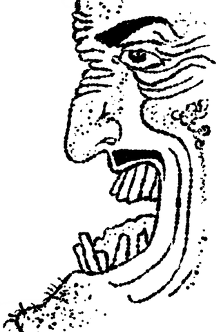 A heavily lined black profile opens an exaggerated mouth filled with blocky teeth.