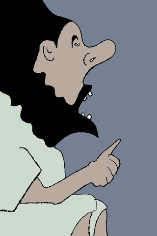 A seated man with a long nose and black beard raises one pointing finger.