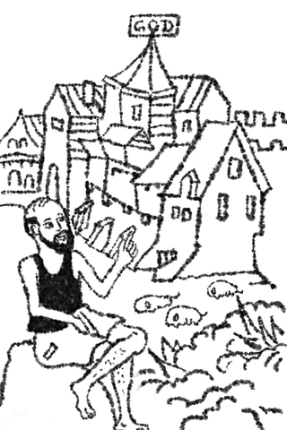 A seated man gestures in front of a dense group of buildings topped by a small sign reading GOD.