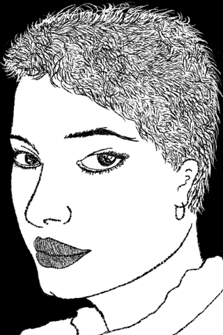 A detailed monochrome portrait shows a woman with closely cropped hair, dark lips, and a small hoop earring.