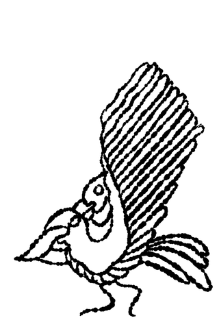 Black line drawing of a small bird with both wings raised.