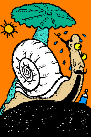 A large snail-like figure shelters beneath a turquoise umbrella amid sun and raindrops.